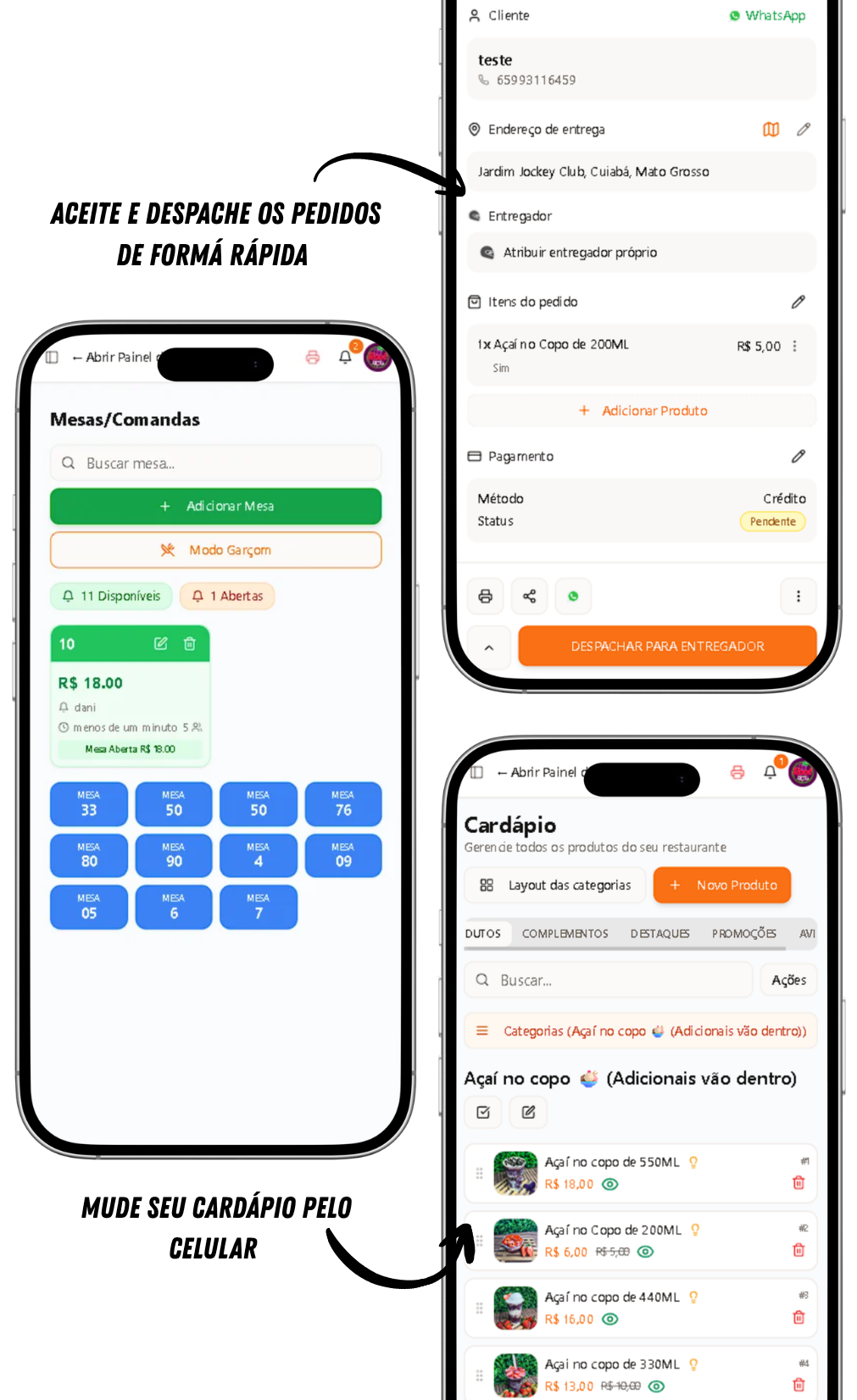 App Cardápio em diferentes telas do celular