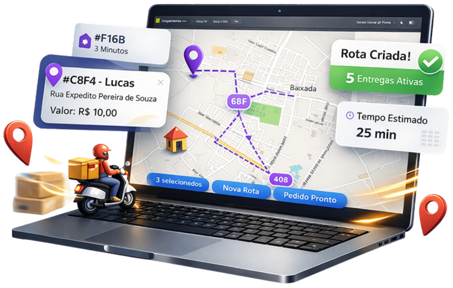 Painel de gestão de entregas com mapa, rota e motoboy